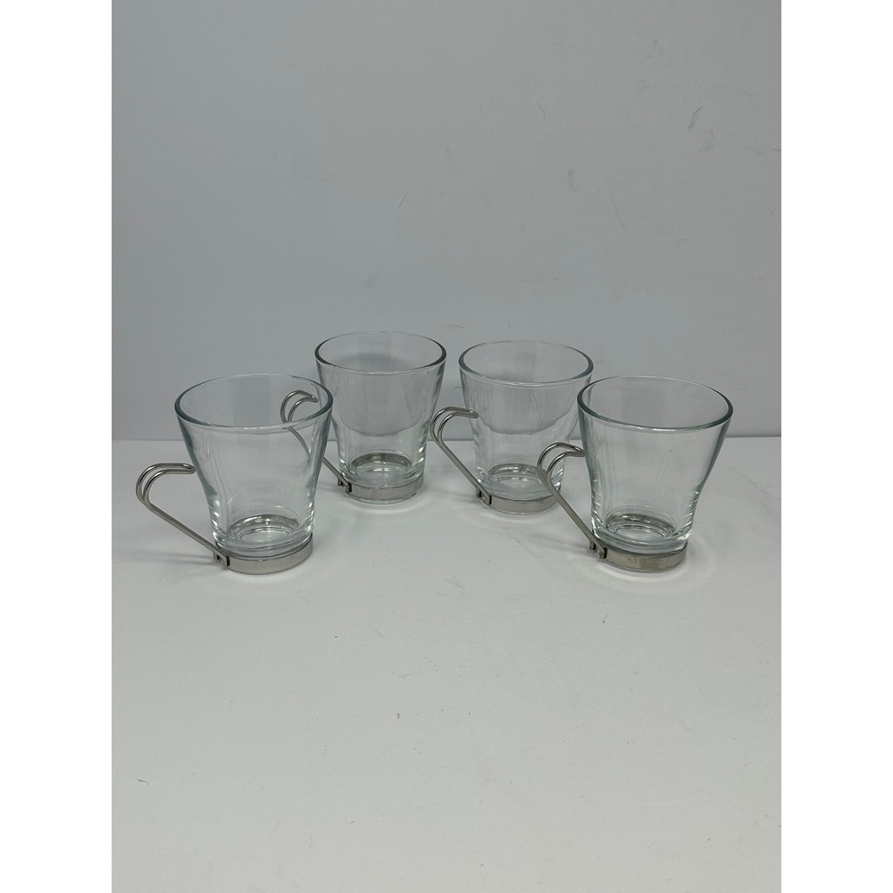 Bormioli Rocco Vitrosax Glass Coffee Mugs with Metal Handles Italy Set of 4